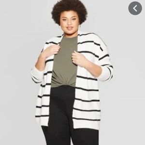 Ava & Viv White Striped Open Cardigan Sweater 1X